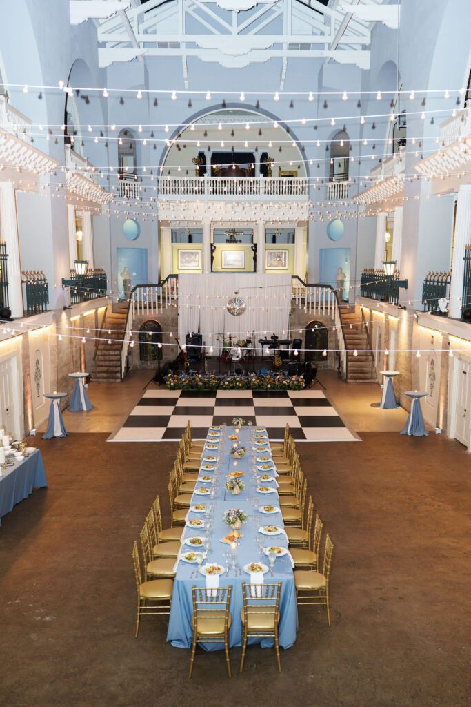 Lightner Museum wedding reception layout with head table and balcony seating St Augustine Florida destination wedding